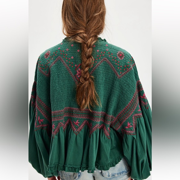 NWOT Free People Holly Embroidered Top- Green Combo - Picture 2 of 7